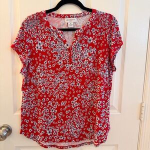 Liz Claiborne Red Floral Notch-Neck Short Sleeve Top